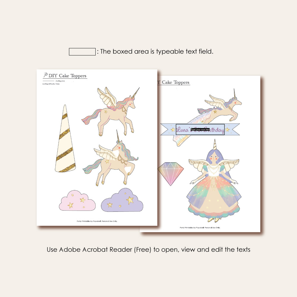 Popobell Studio | Unicorn Princess Cake Topper Printable | Editable