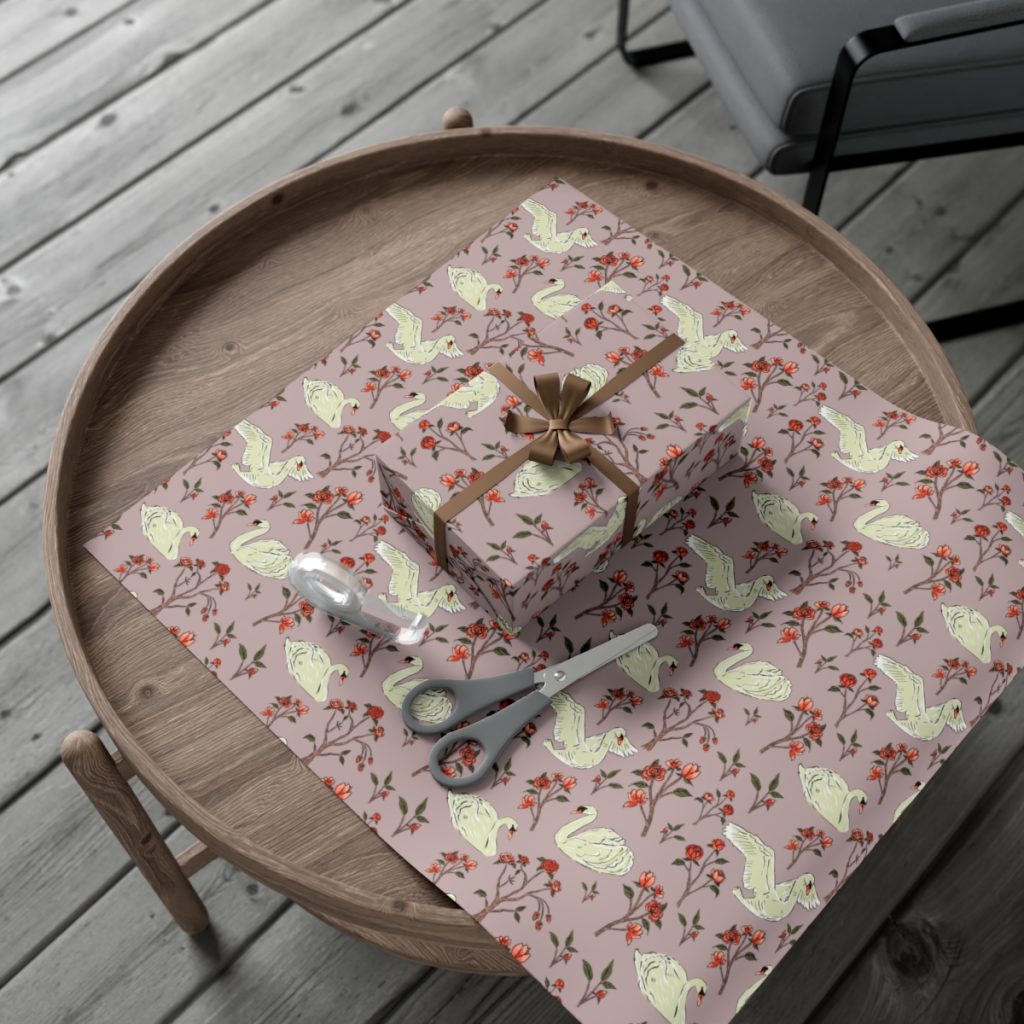 Popobell Studio Swan and Roses Wrapping Paper Brown