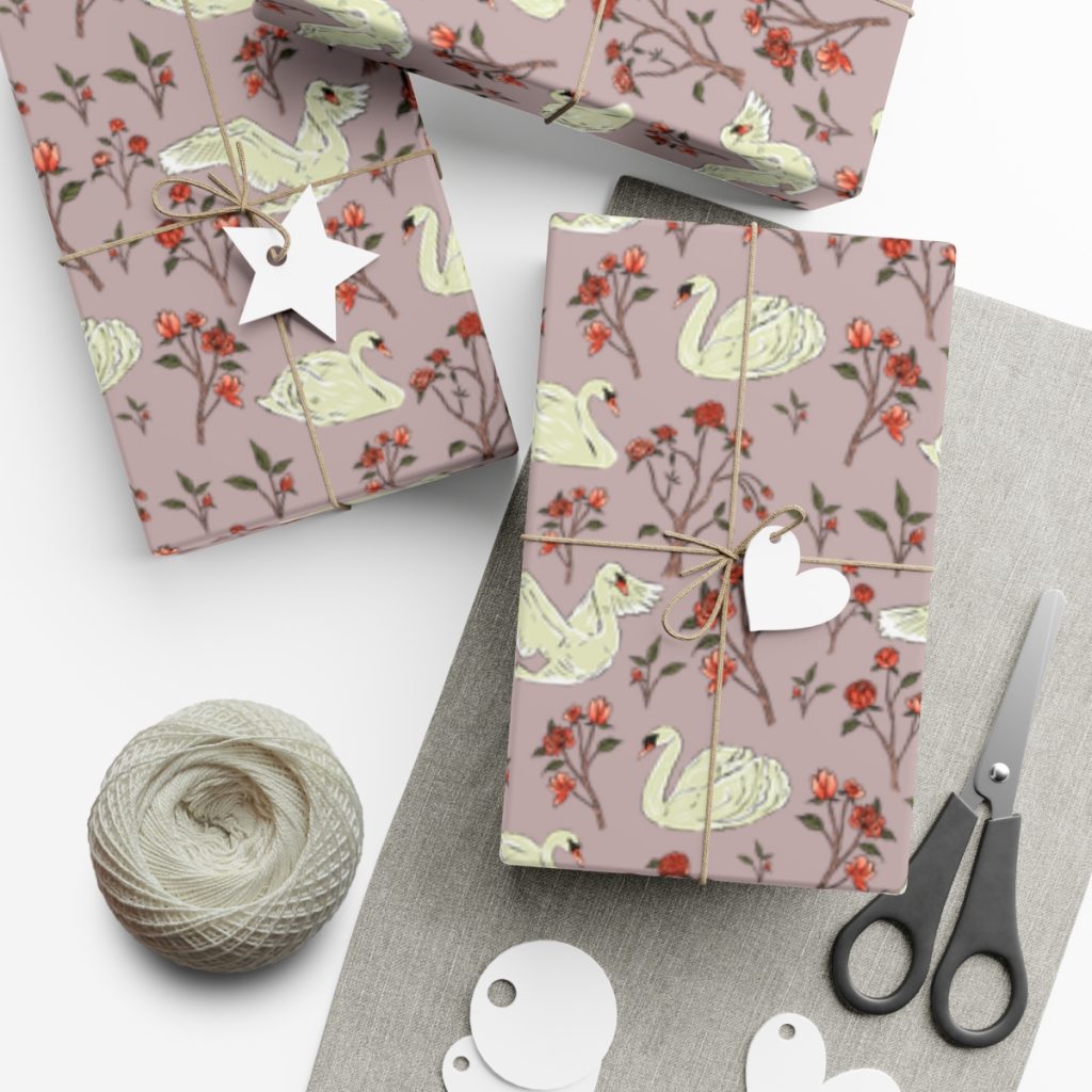 Popobell Studio Swan and Roses Wrapping Paper Brown